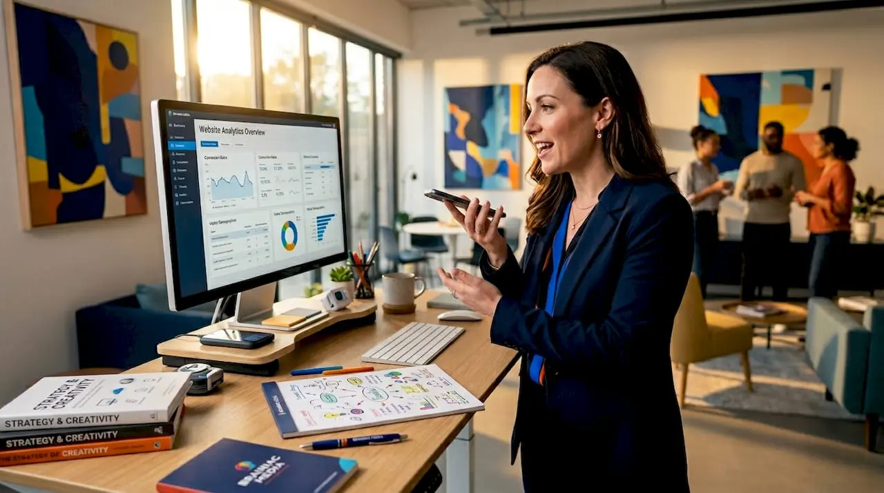 Marketing manager using voice search in open office