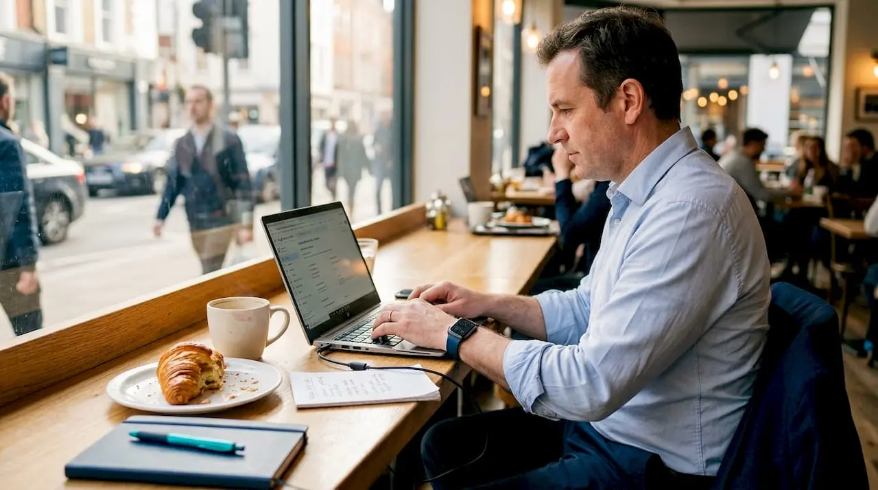 Business owner updating Google Business Profile in café