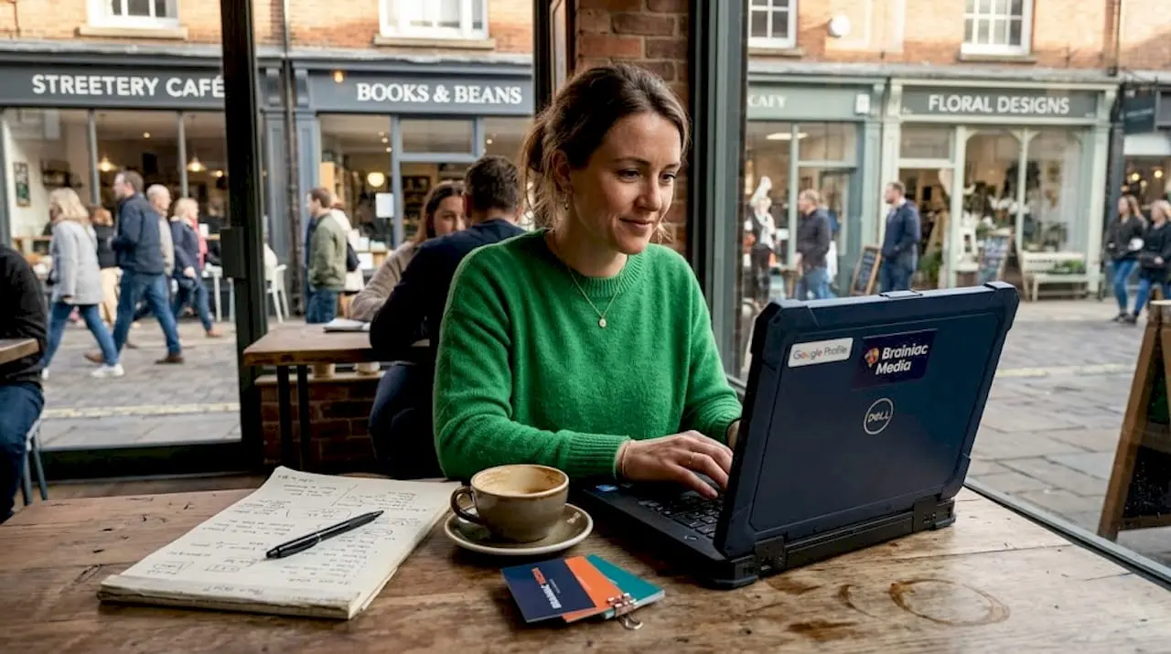 Small business owner managing SEO in café
