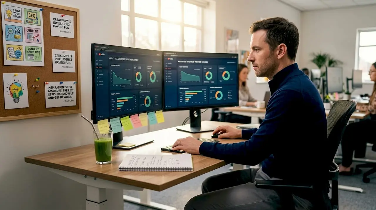 Agency worker analyzing YouTube data at desk