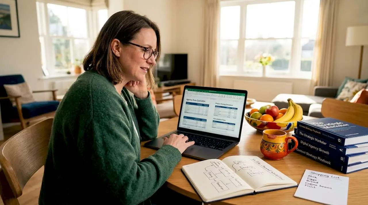 Woman reviews SEO workflow at kitchen table