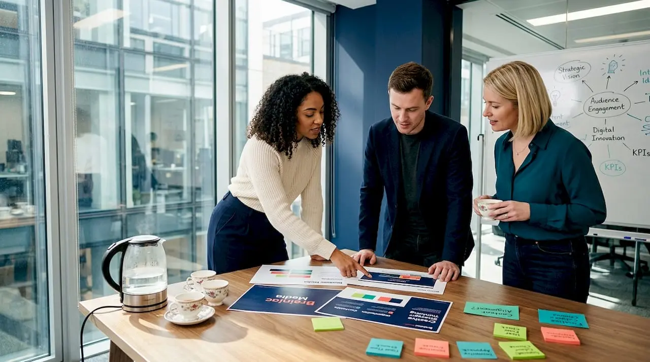 Brand team reviews print and digital visuals