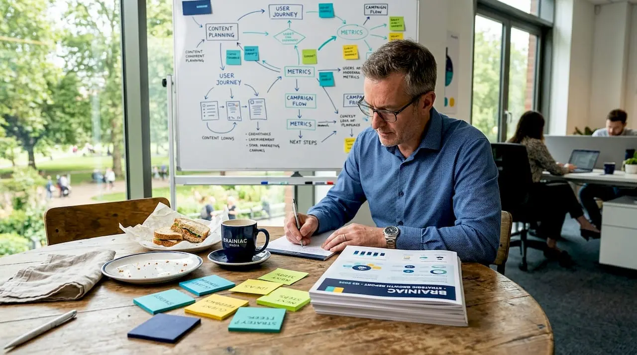 Manager reviews pipeline metrics in meeting room