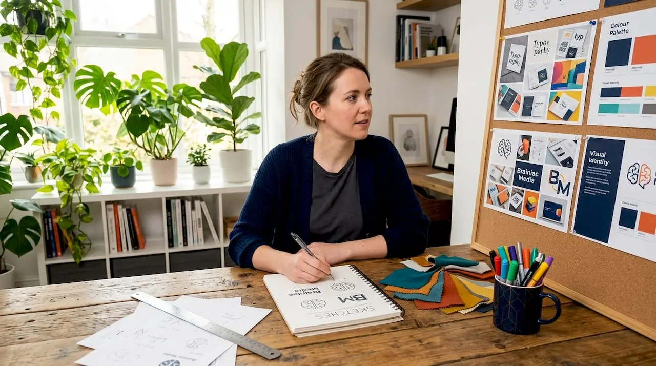 Business owner sketching branding ideas at home