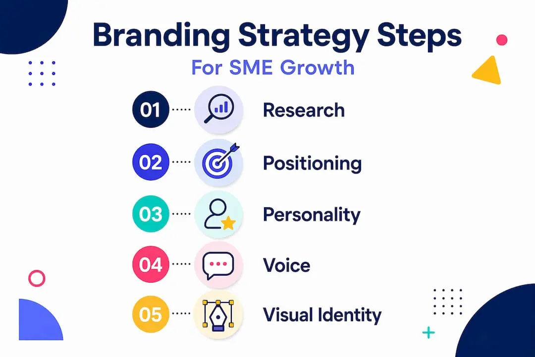 Infographic showing branding strategy steps for SMEs