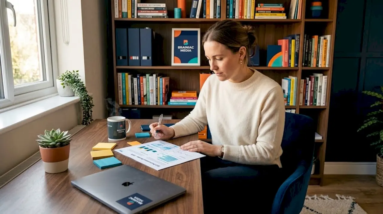 Owner reviews printed seo monthly report
