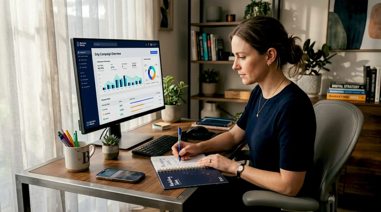 Marketing manager working on drip marketing at home