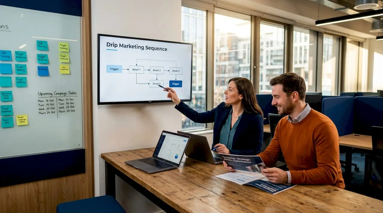 Workspace showing drip marketing email sequence flowchart