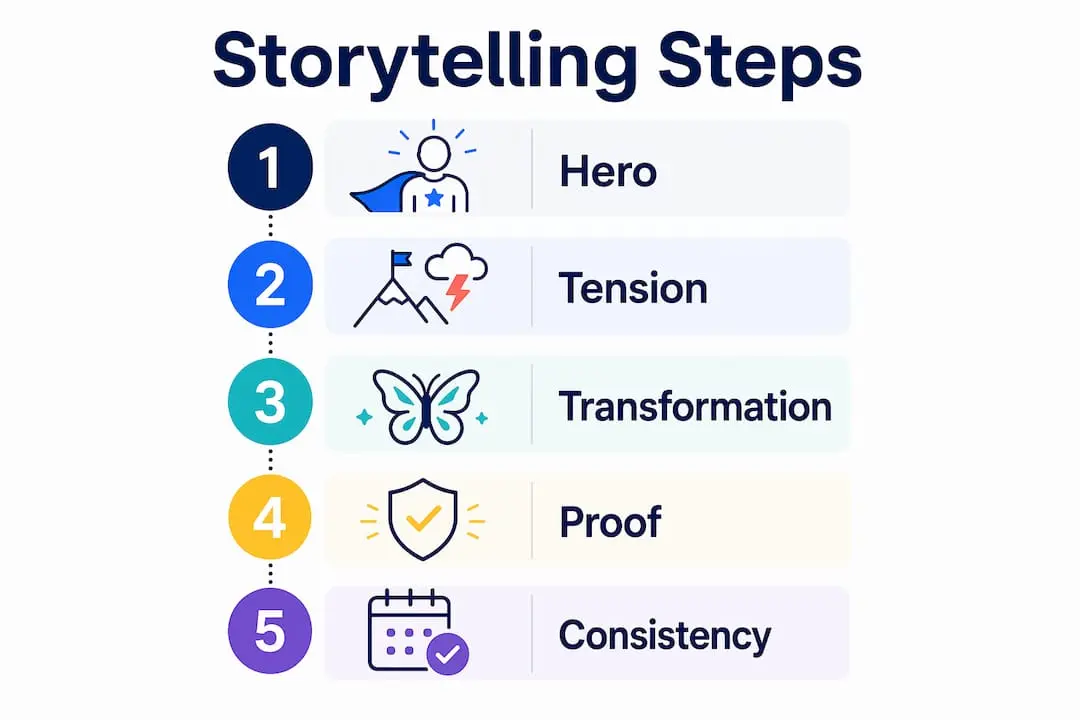 Infographic showing 5 steps of business storytelling