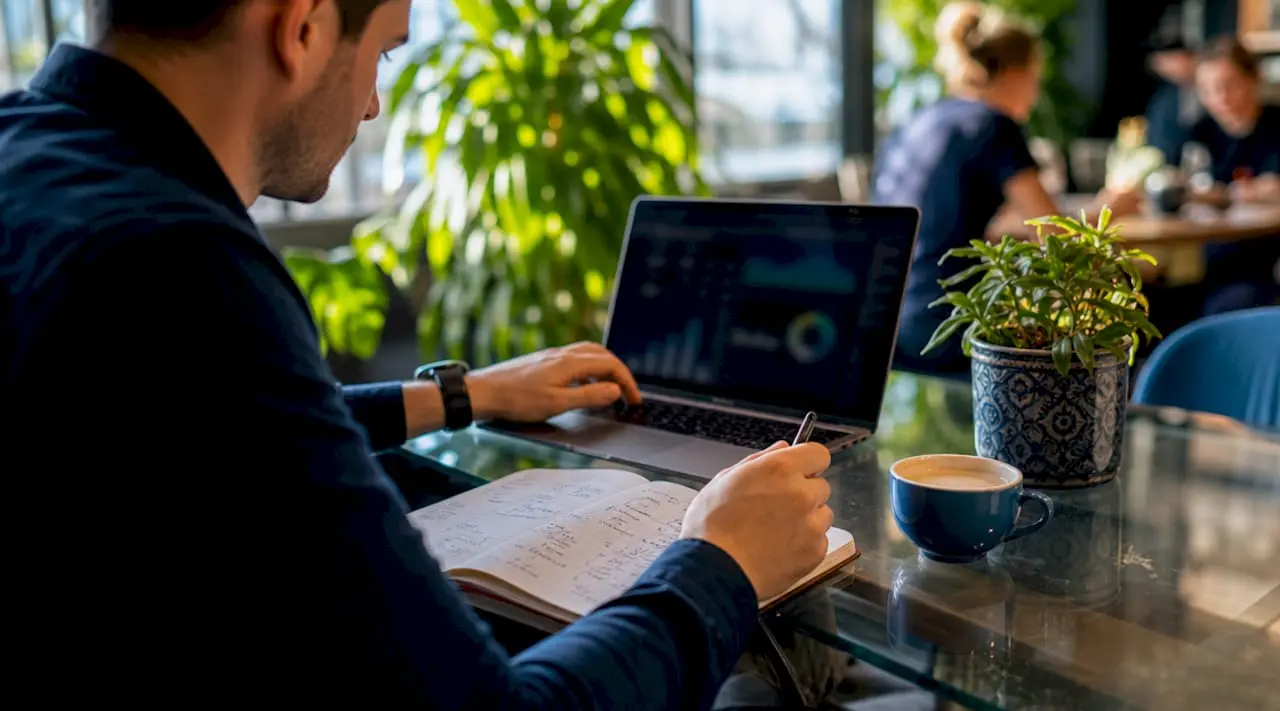 Hands using SEO analysis tools on multiple devices