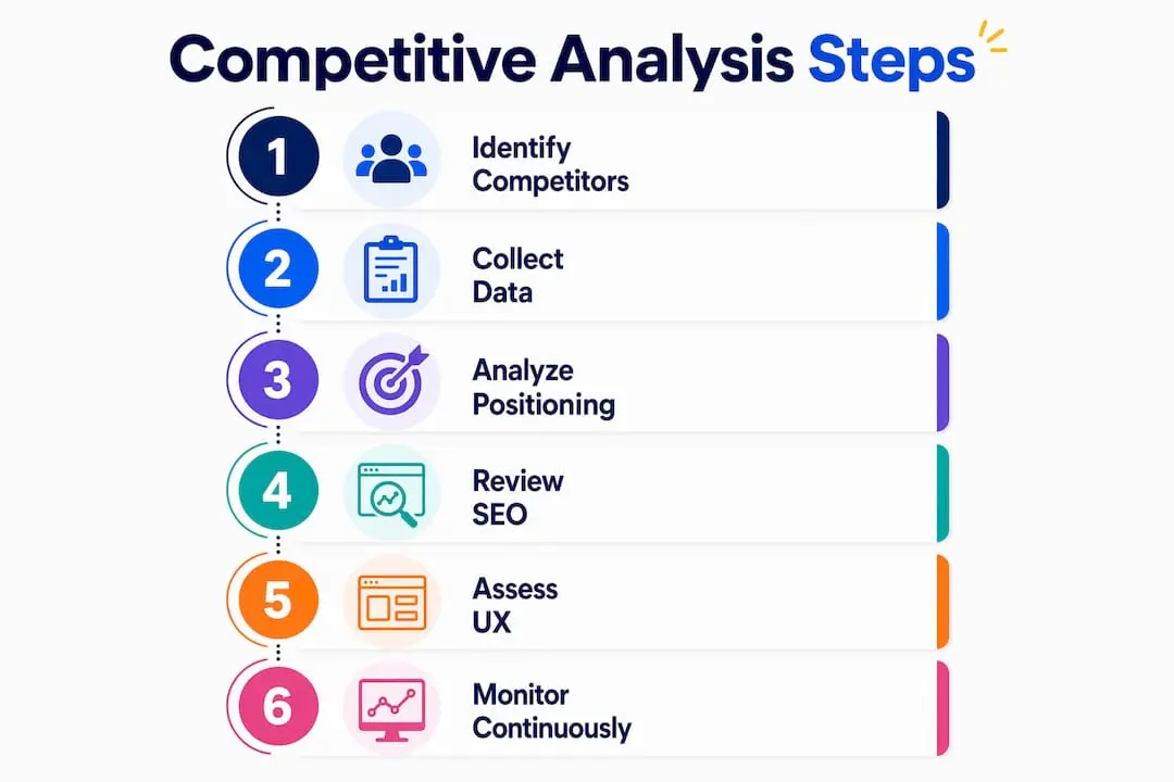 Infographic showing six-step process for competitive website analysis