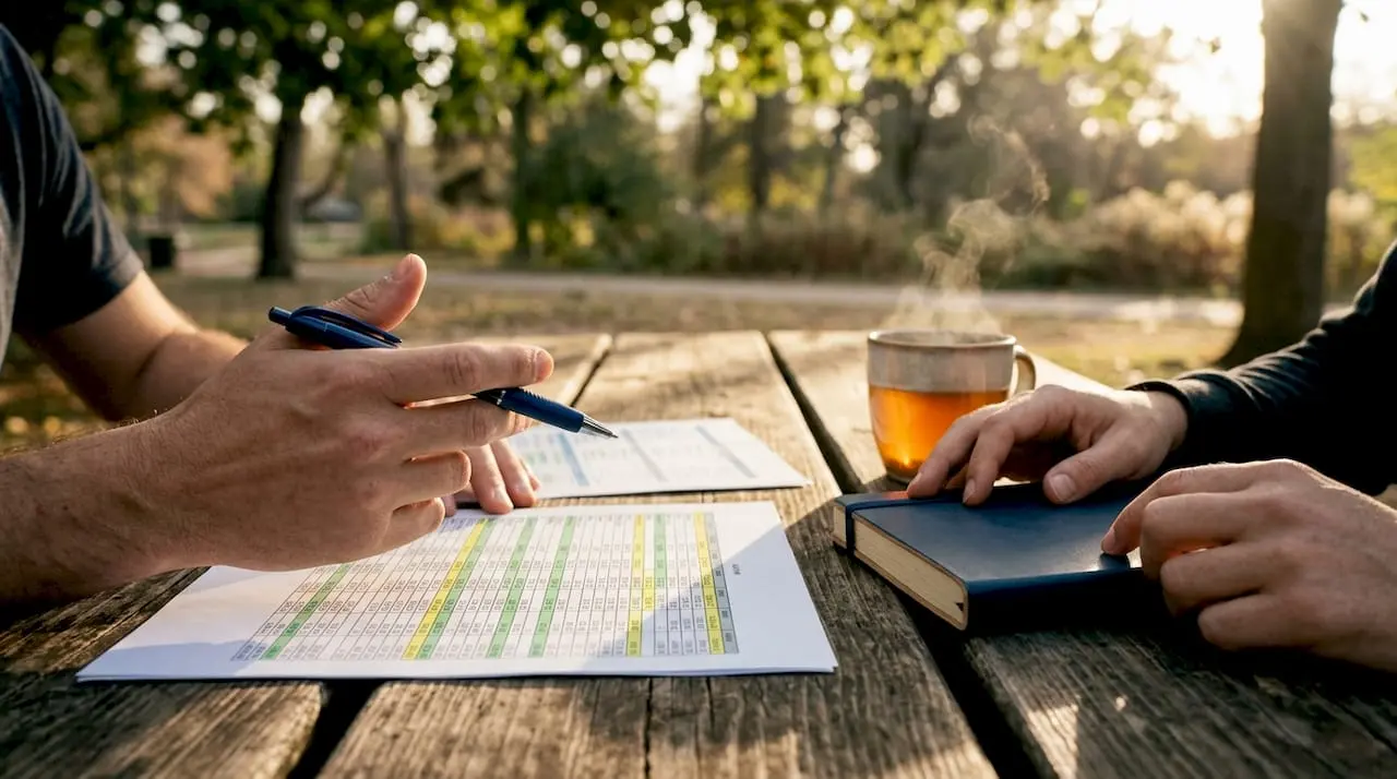 Hands pointing at spreadsheet data during audit discussion