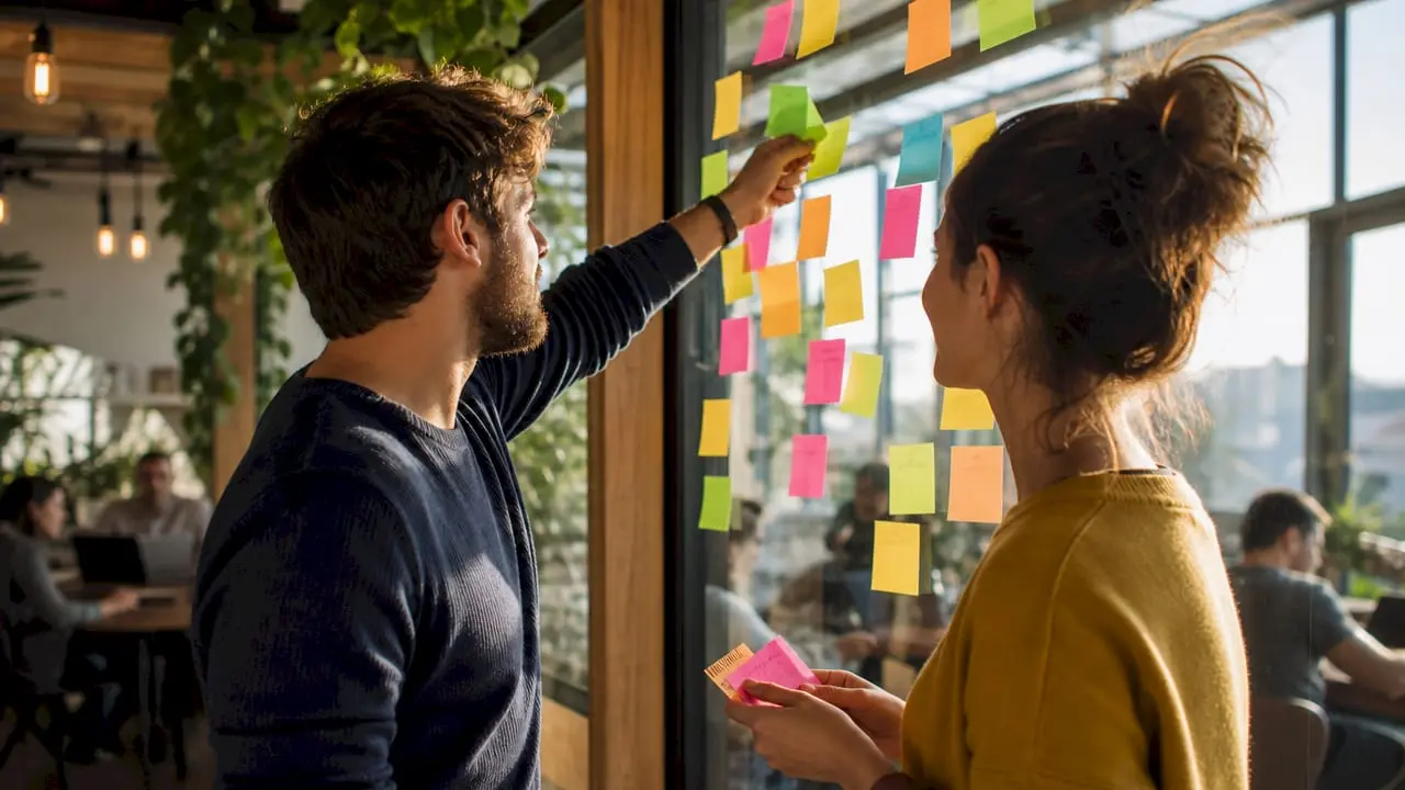 Hands exchanging sticky notes in team meeting