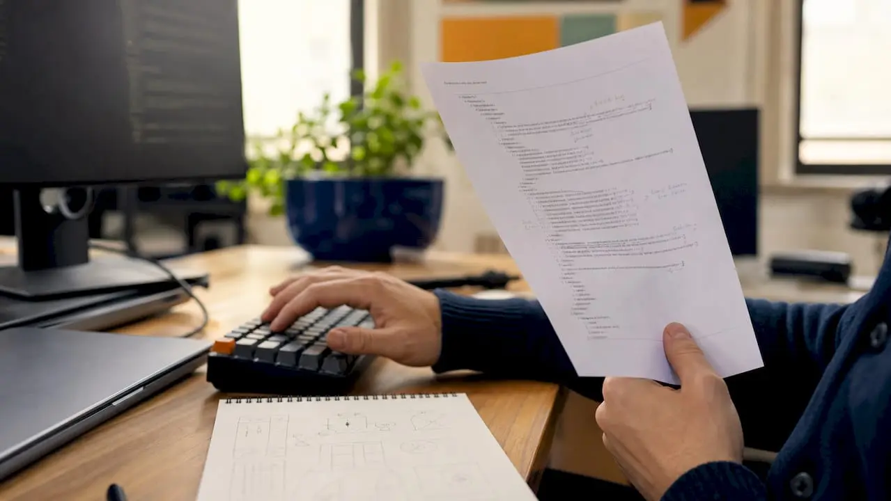 Hands holding printed XML sitemap next to keyboard