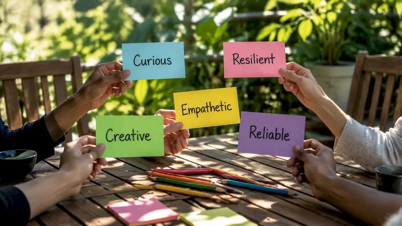Hands holding brand personality adjective cards