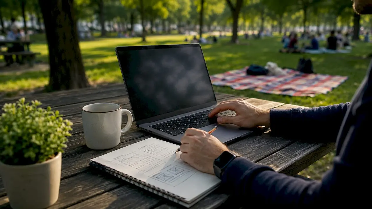 Hands typing on laptop with help centre notes