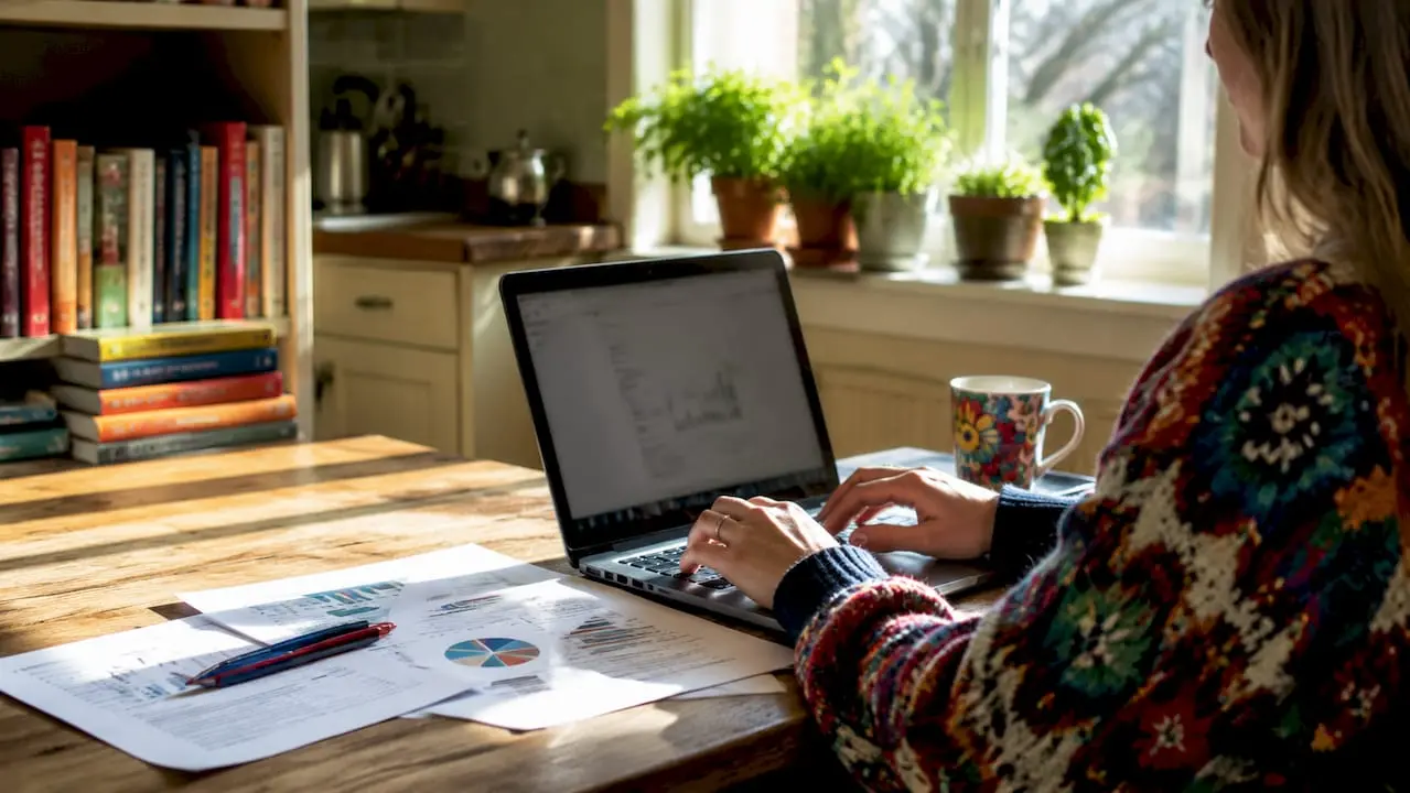 Hands typing beside printed technical SEO audit charts
