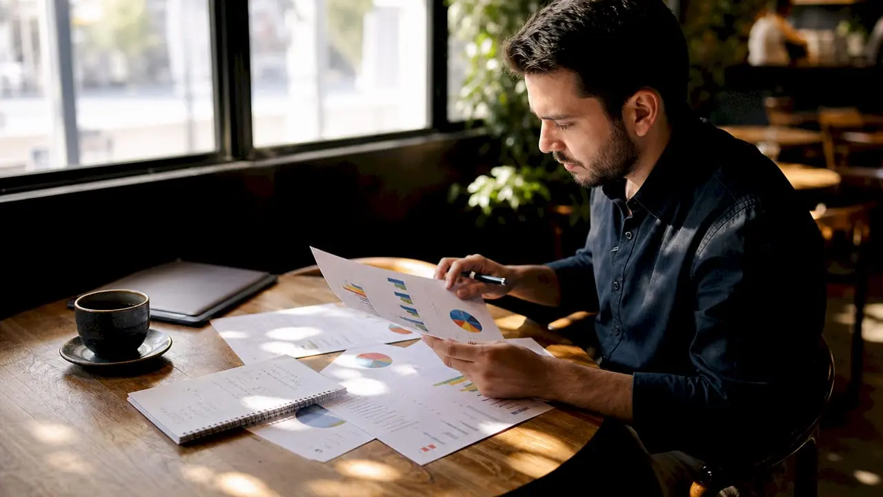 Marketer analyzing SEO reports at desk