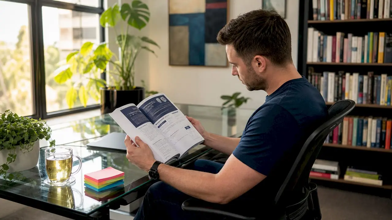 Hands flipping SEO guidebook pages