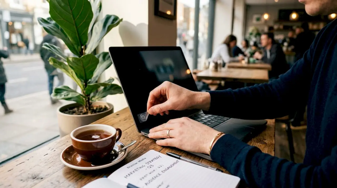 Hands placing tracking pixel on laptop