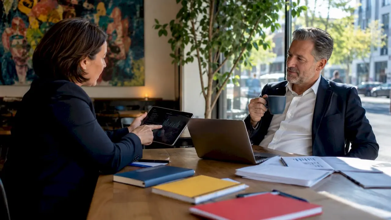Two professionals discussing webinar platforms