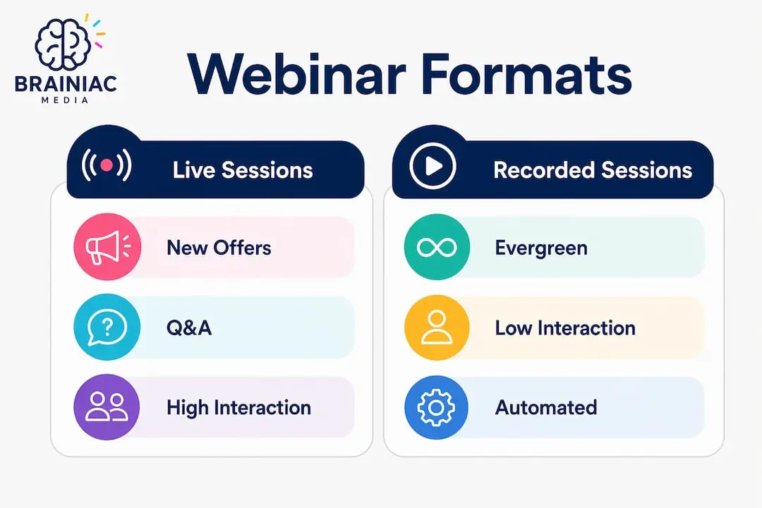Infographic comparing webinar formats live vs recorded