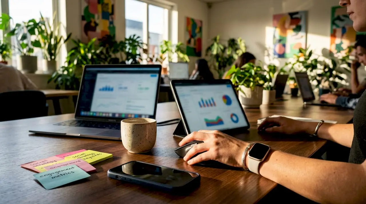 Overhead view of marketer interacting with analytics device