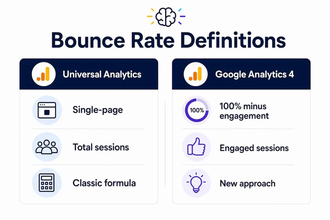 Infographic comparing Universal Analytics and GA4 bounce rate definitions