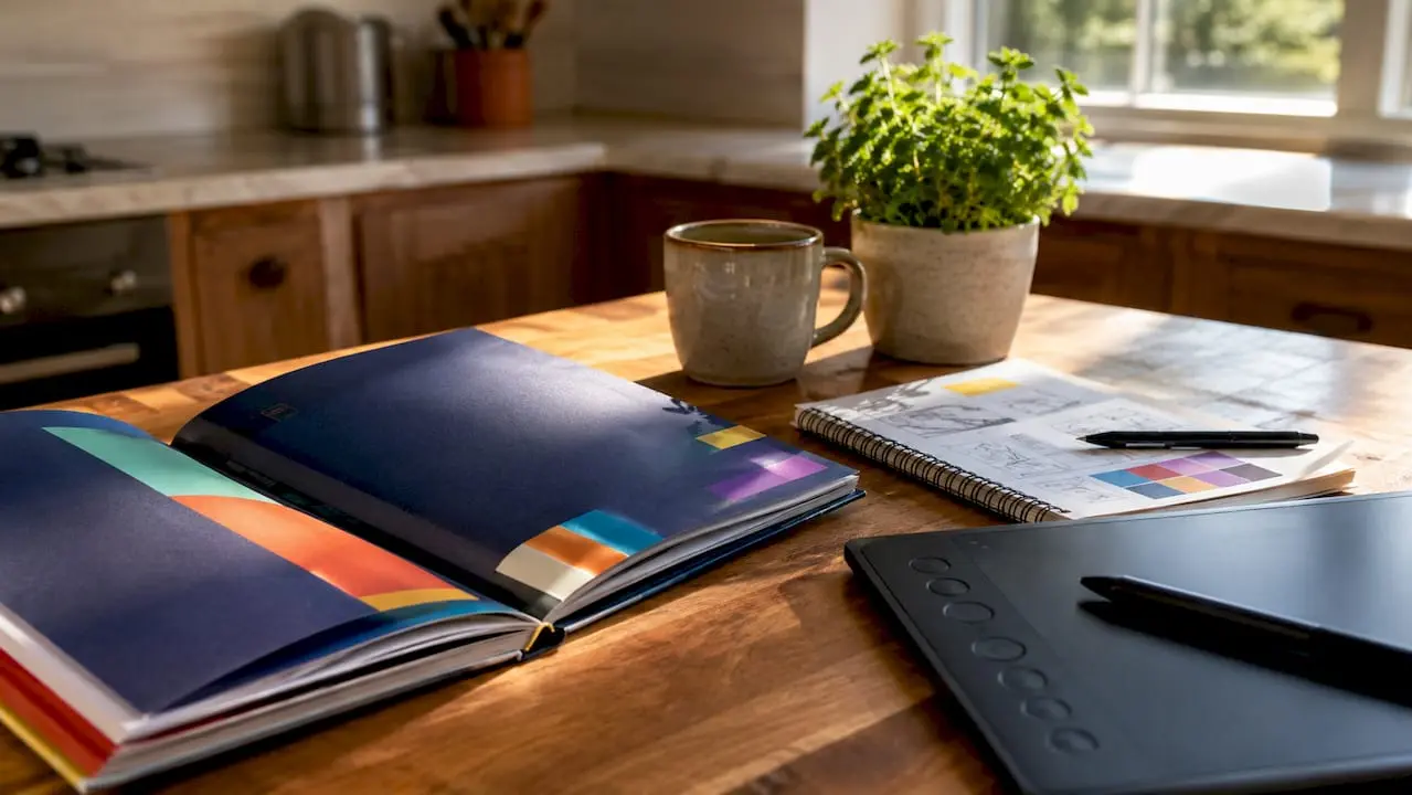Designer’s desktop with brand style guide and tools
