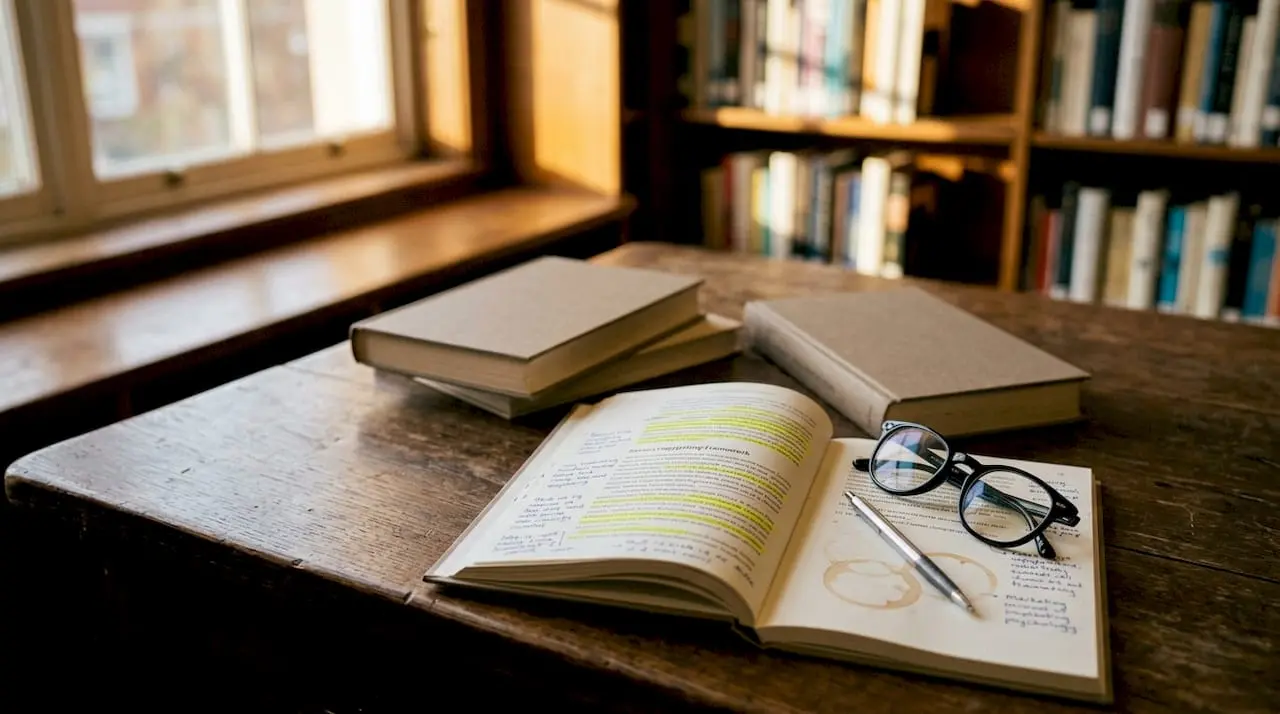Close-up of copywriting books and notes on table