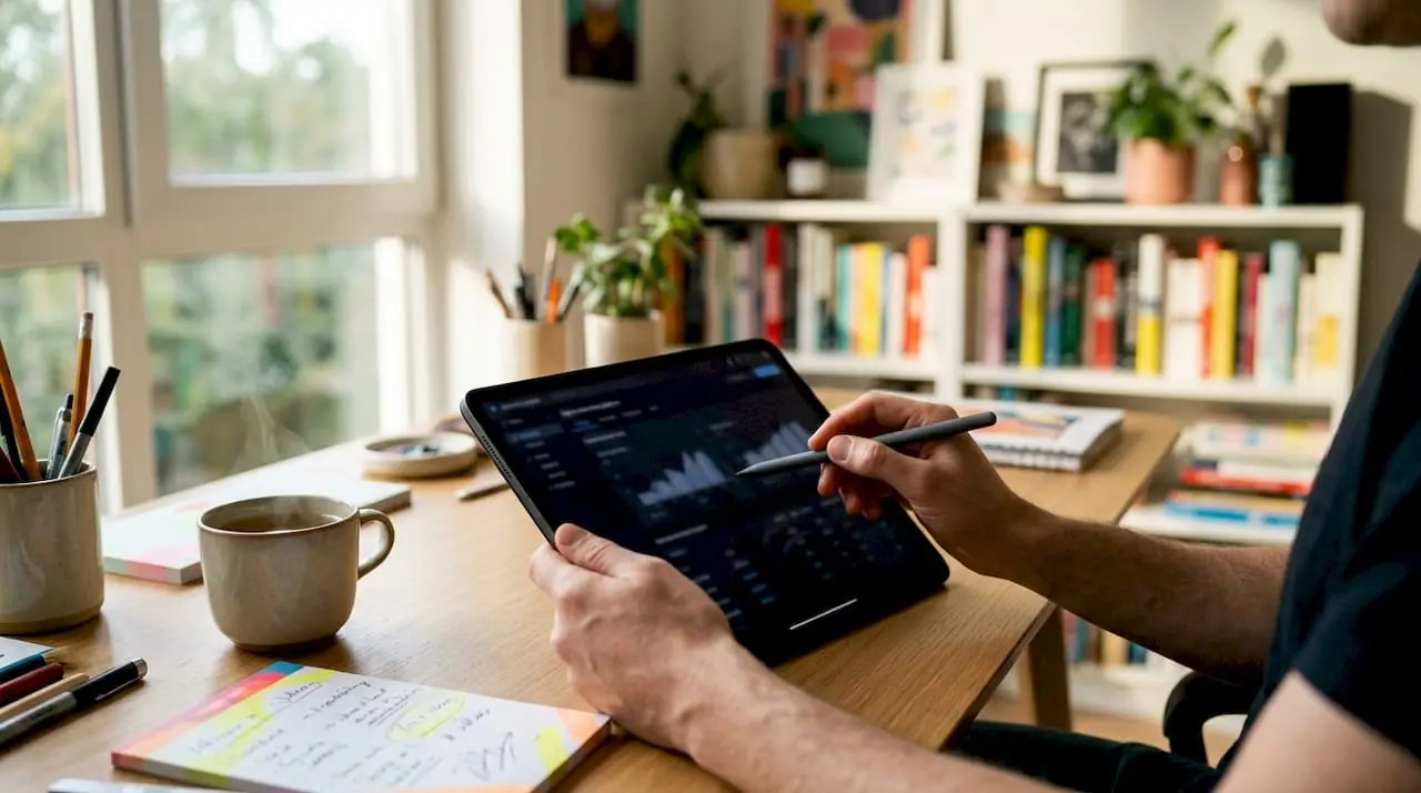Hands interacting with advertising platform dashboard