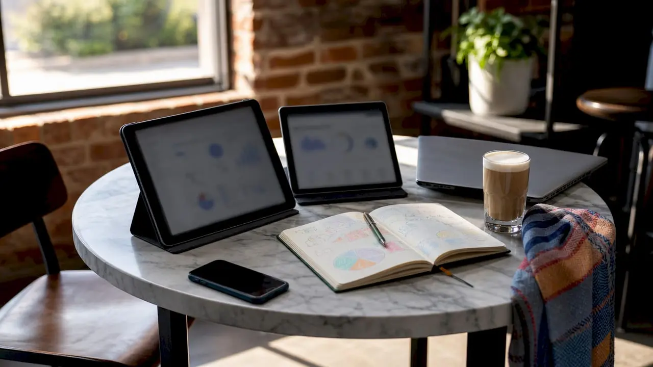 Meeting table with devices and charts for bounce rate segmentation