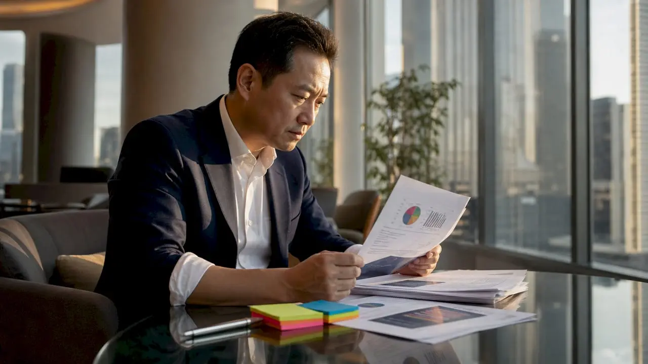 Person reviewing technology trend report in boardroom