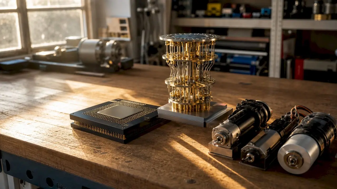Overhead view of physical AI hardware components on table