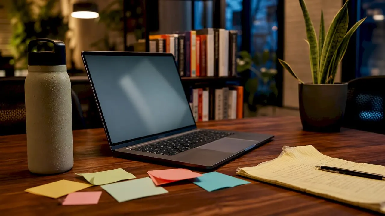 Workspace showing SEO optimization materials around laptop