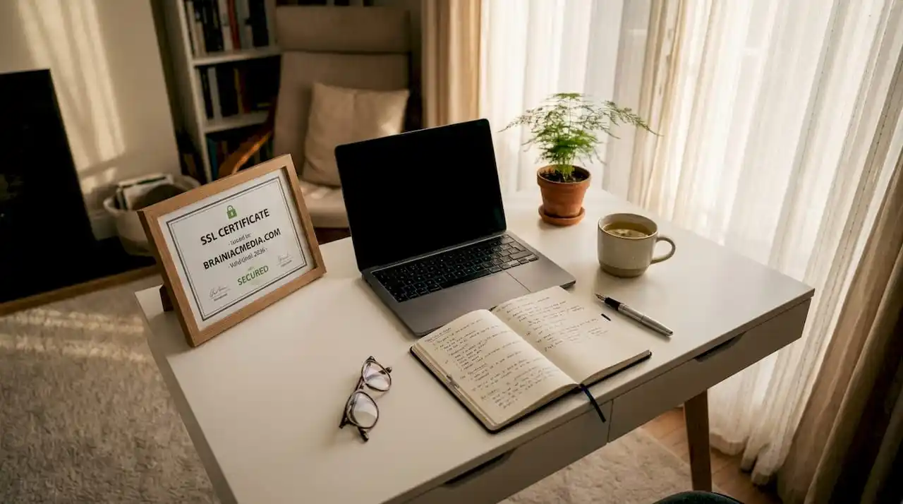 Desk with SSL certificate and devices in home office