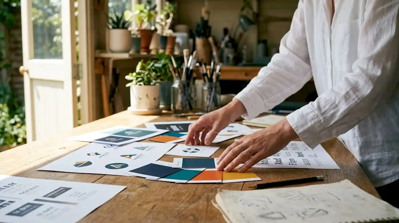 Hands arranging brand identity print samples