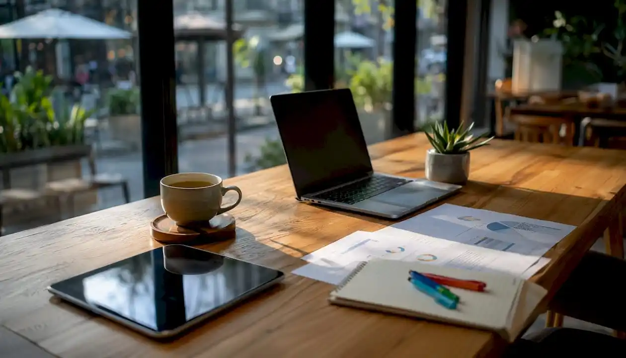 Office desk with tech devices and paperwork