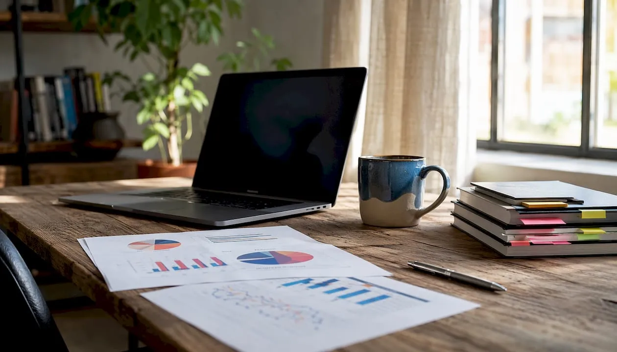 Workspace with conversion reports and laptop