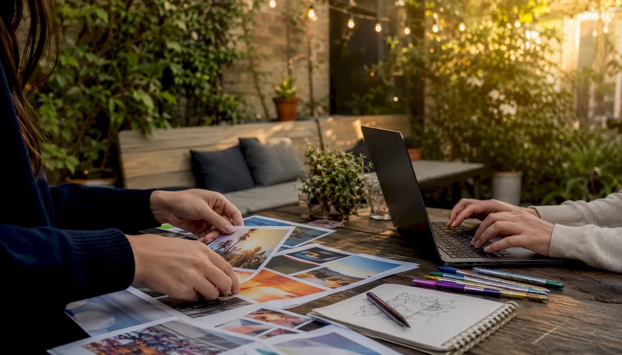Hands creating Instagram content visually and digitally