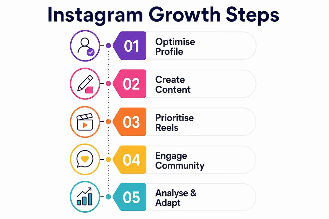 Vertical flow infographic showing steps to grow Instagram audience