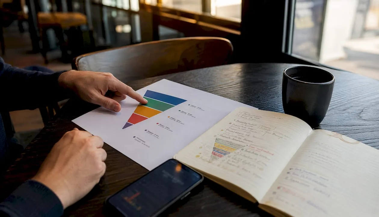 Overhead view of hands pointing at funnel infographic and notes on desk