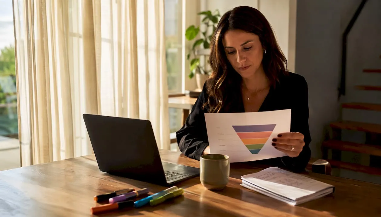 Woman reviewing printed conversion funnel chart in home office