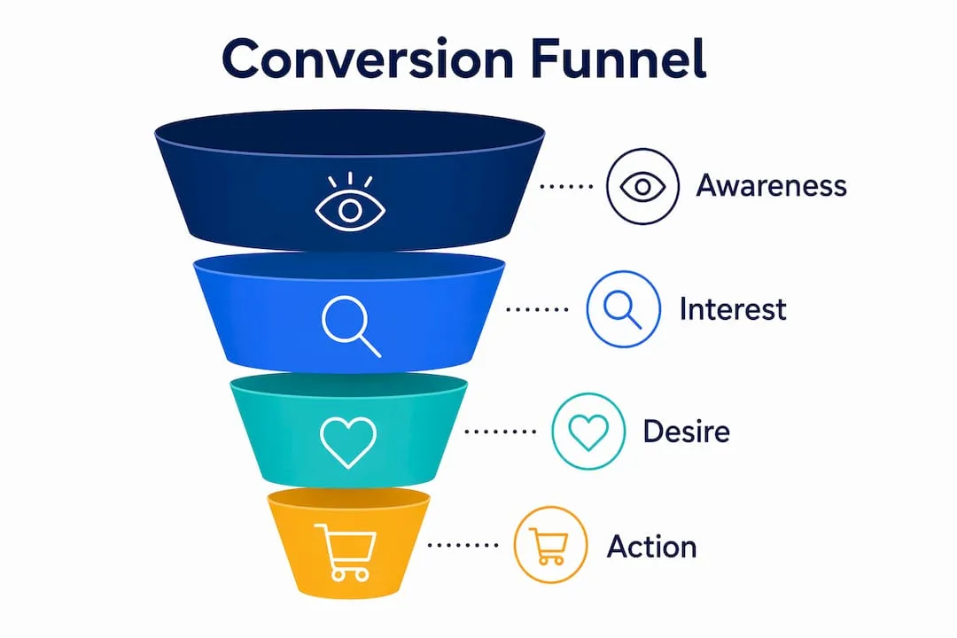 Infographic illustrating four stages of conversion funnel vertically