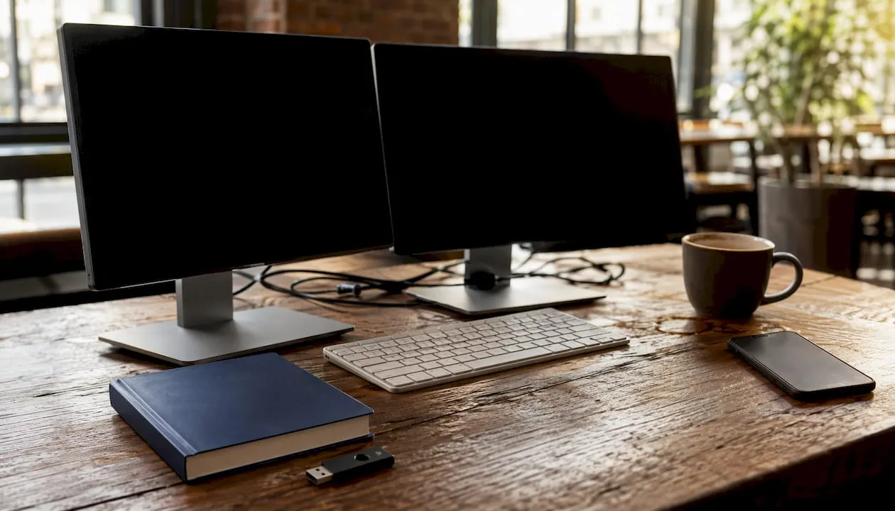 Overhead shot of CRM integration workstation with compliance tools
