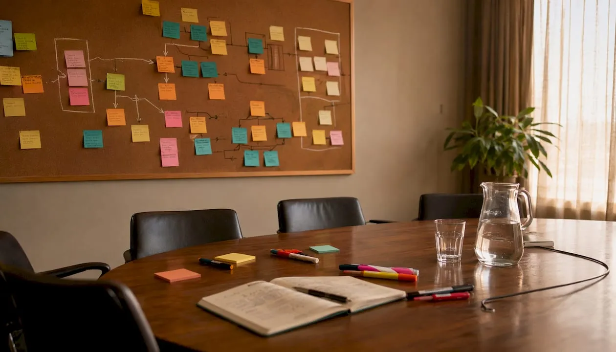 Empty meeting room with lead generation flowcharts