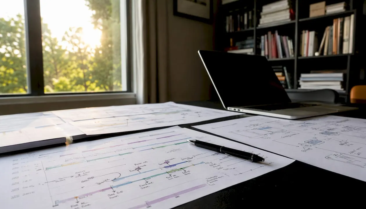 Overhead view of UX timing charts and laptop on desk