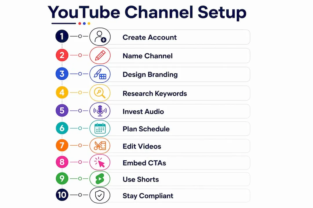 Step-by-step infographic for YouTube channel setup in UK business