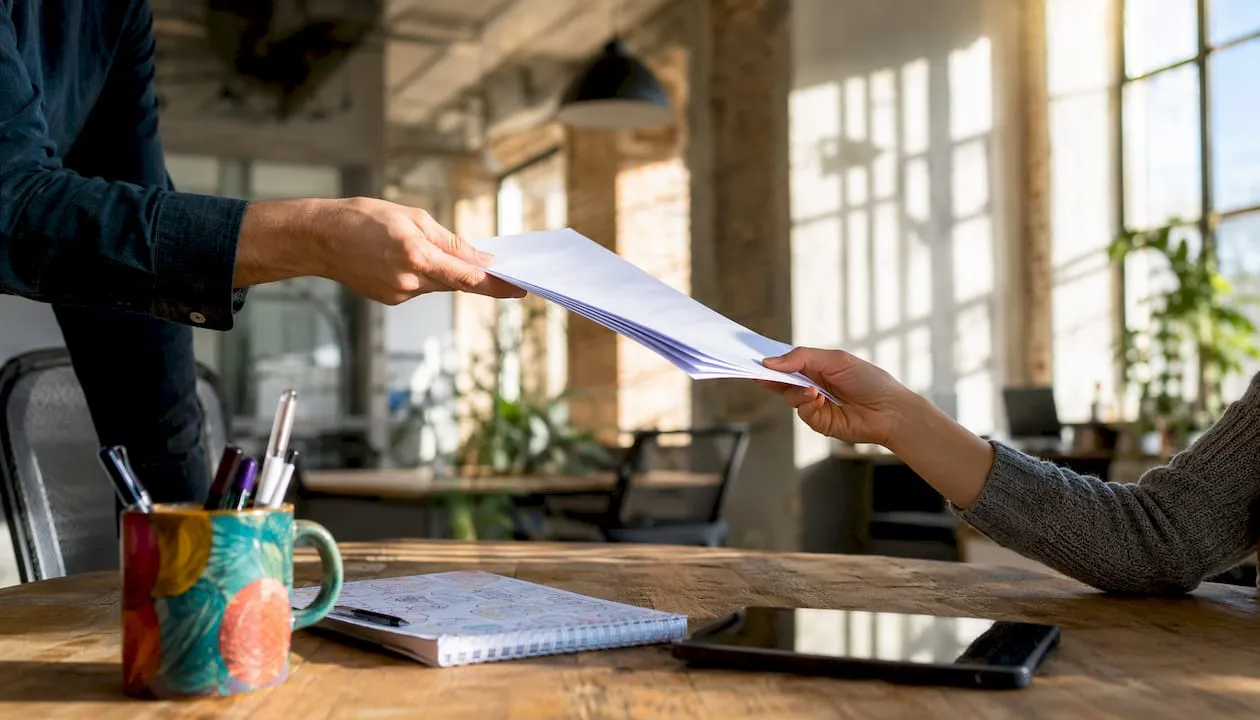 Hands exchanging certificate validation documents