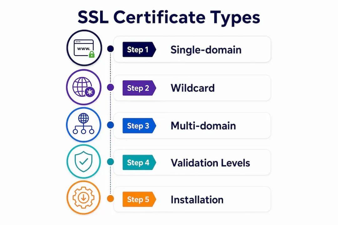 Infographic showing SSL certificate types and steps
